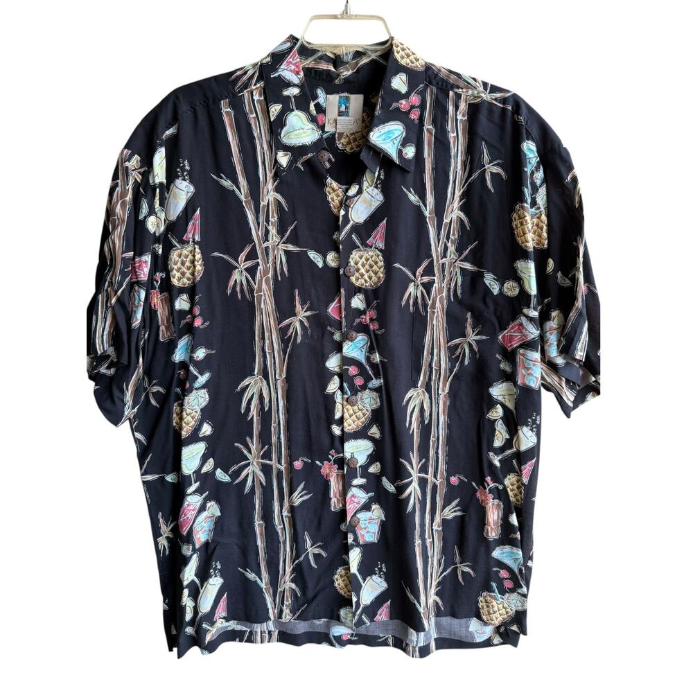Kahala Men's Vintage 90s Bamboo & Cocktail Print Hawaiian Beach Shirt XL 57 inch